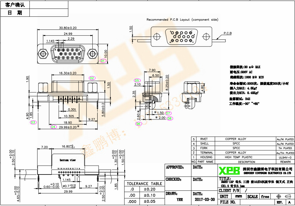 DMRH-15P 母頭 三排 前10后5沉板窄體 側(cè)叉式連接器規(guī)格書